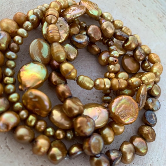 Natural Gold Bronze Cultured Freshwater Pearl Mixed Bead Bracelet Stack - Picture 8 of 11